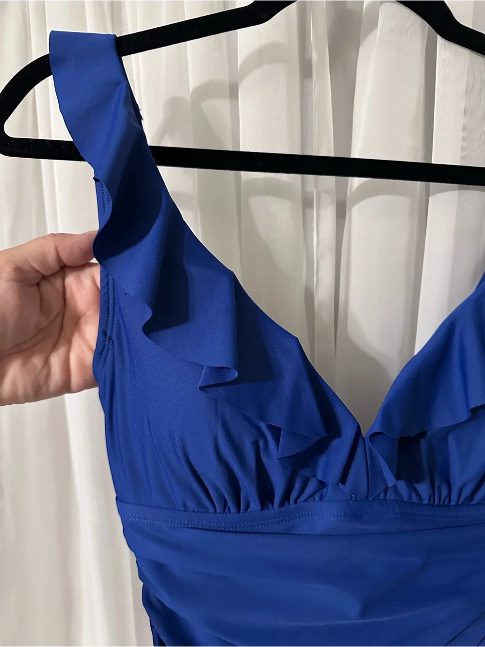 DKNY Ruffle V-Neck Ruched Royal Blue Tummy Control One-Piece Swimsuit Size S - Picture 2 of 11